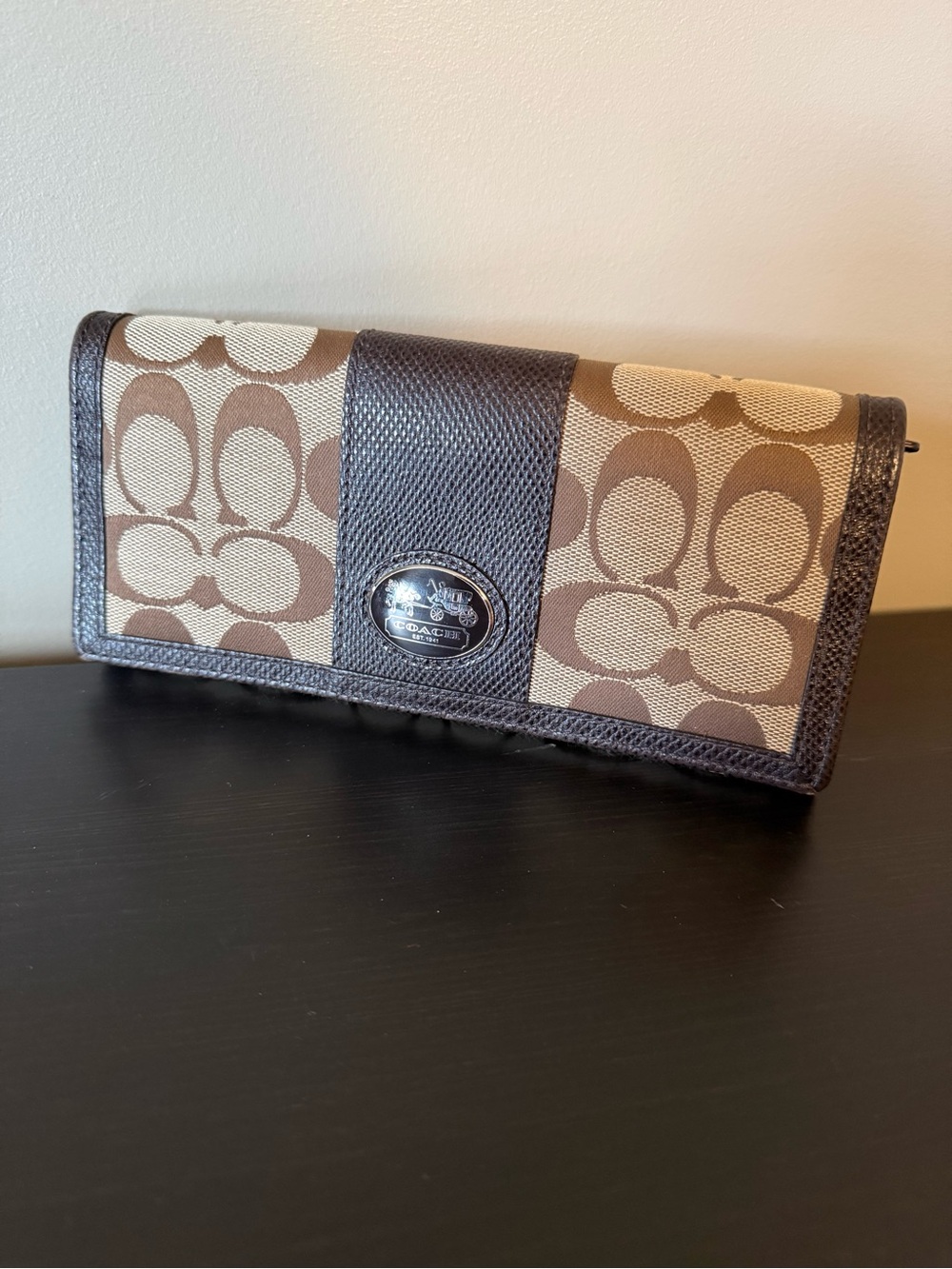 Coach Brown Signature Canvas Continental Wallet with Dark Trim